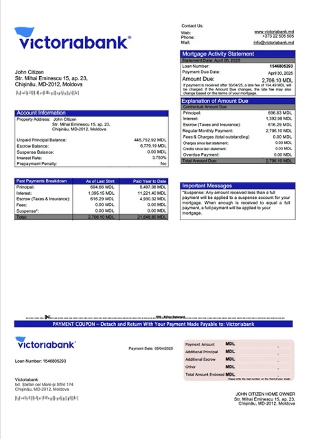 Download Moldova Victoriabank mortgage statement Word and PDF template Photoshop template